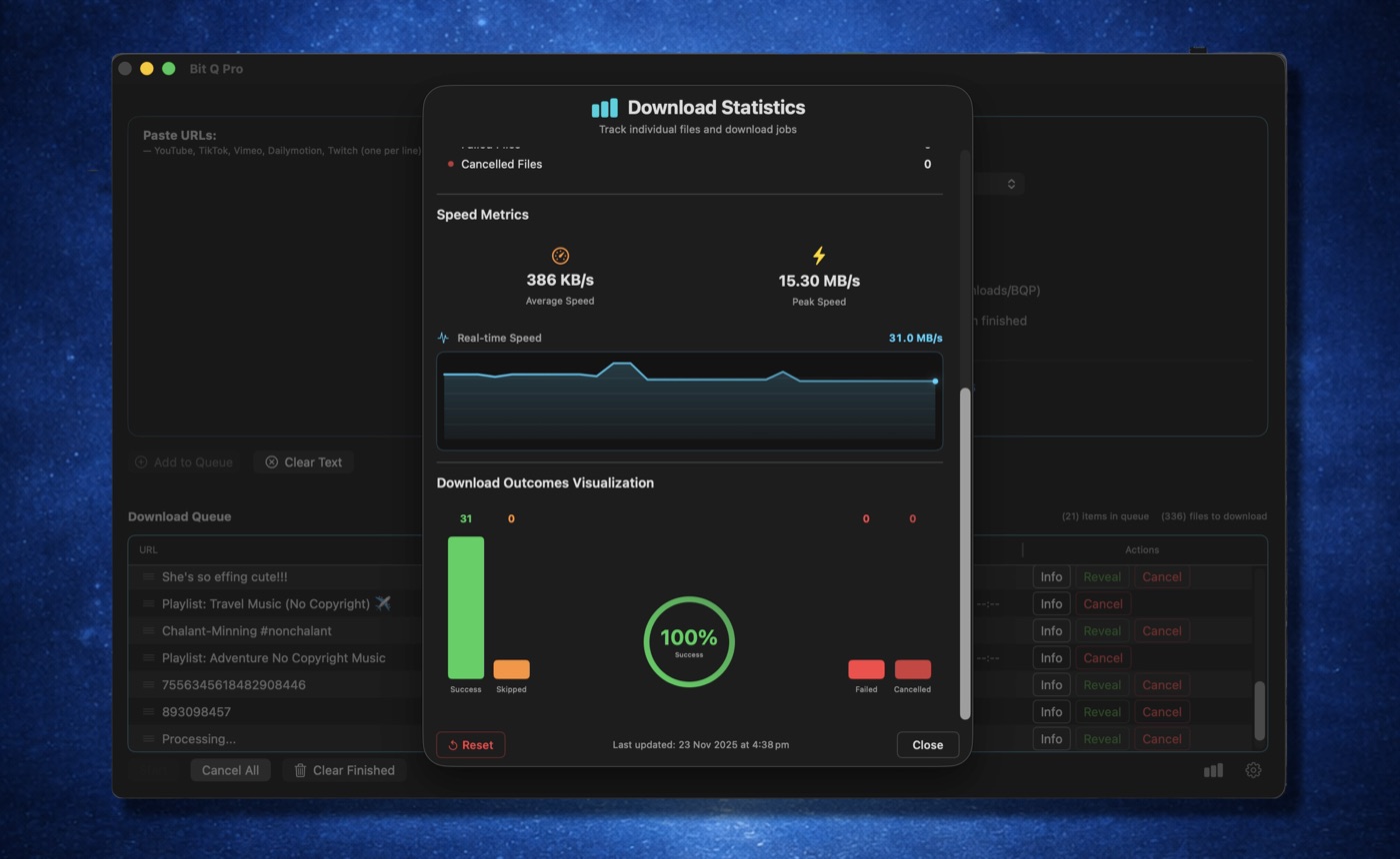 Bit Q Pro statistics showing average speed, peak speed, and success rate