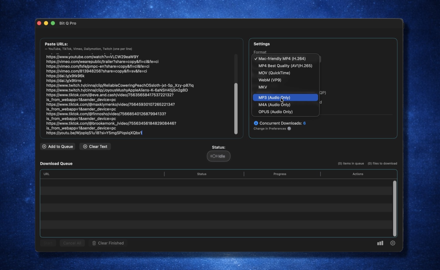 Bit Q Pro with pasted YouTube and Vimeo links and format menu open on MP3