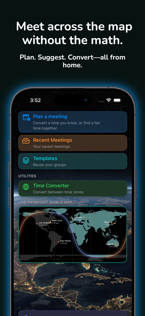 Time Bridge home with Plan a Meeting, Templates, Time Converter, and live day night map