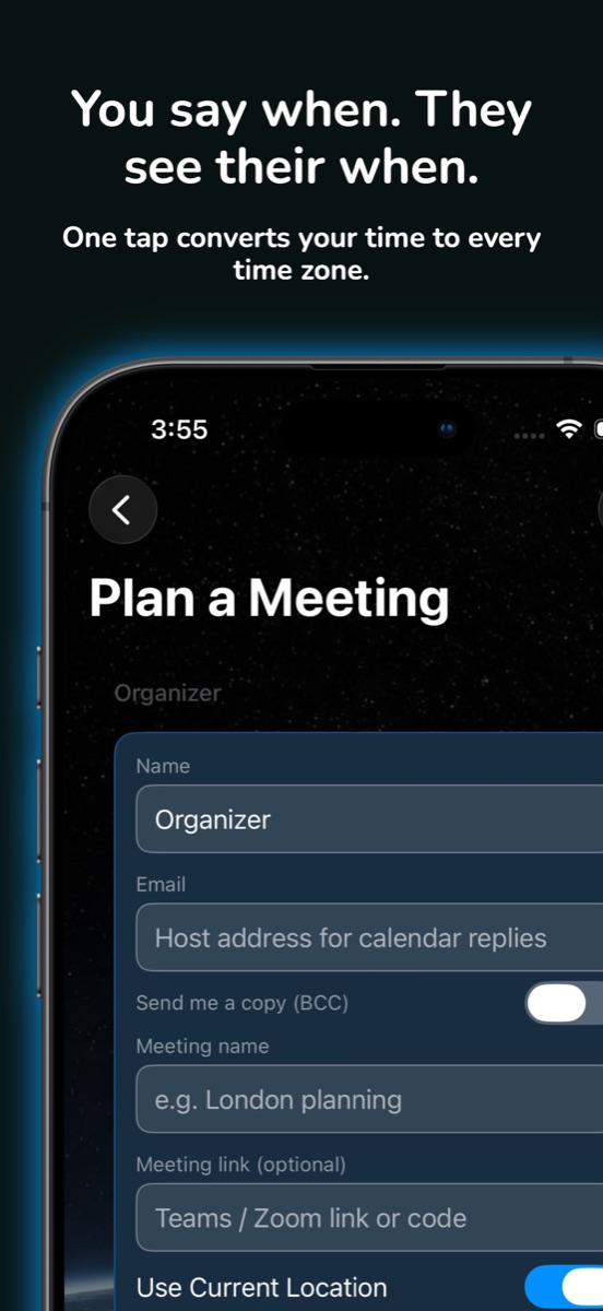 Time Bridge Plan a Meeting form with organizer details and location toggle