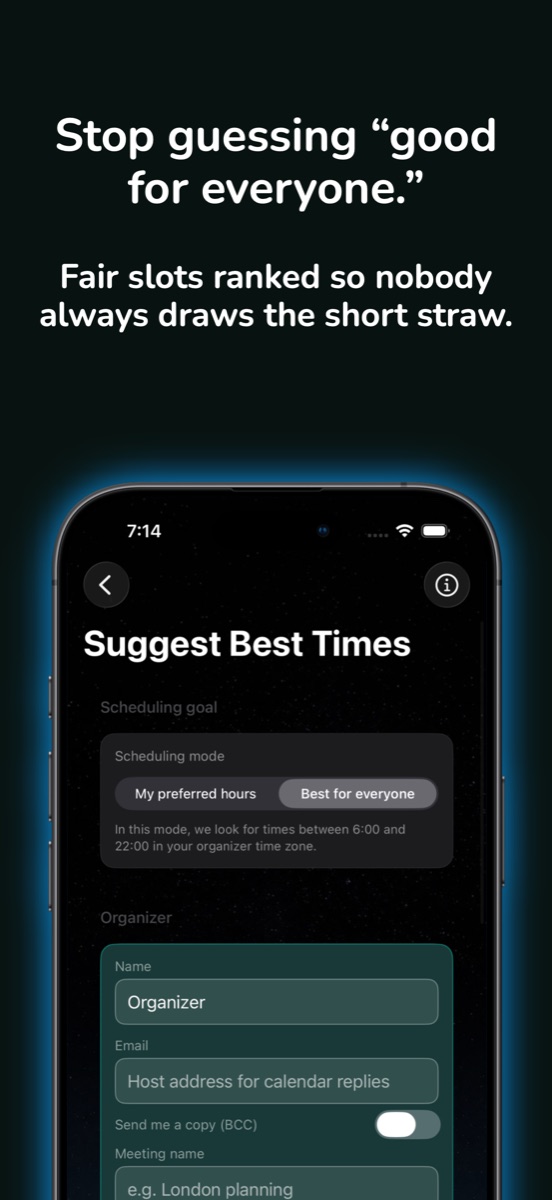 Time Bridge Suggest Best Times with preferred hours and organizer fields