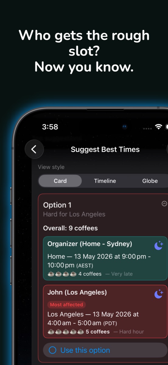 Time Bridge card view showing coffee comfort scores for Sydney and Los Angeles