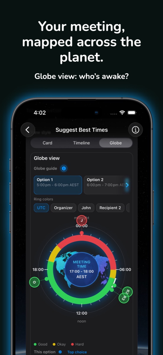 Time Bridge globe view mapping a meeting window across the planet