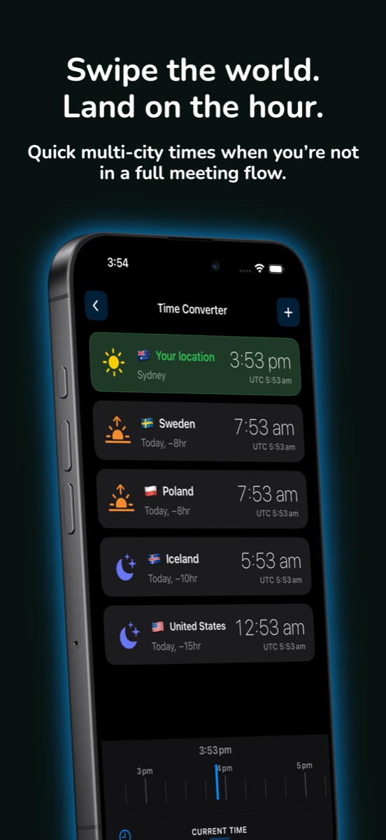 Time Bridge Time Converter with multi-city cards and a scrubber