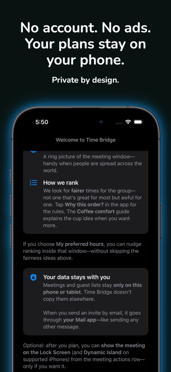 Time Bridge welcome screen explaining local data and no account design